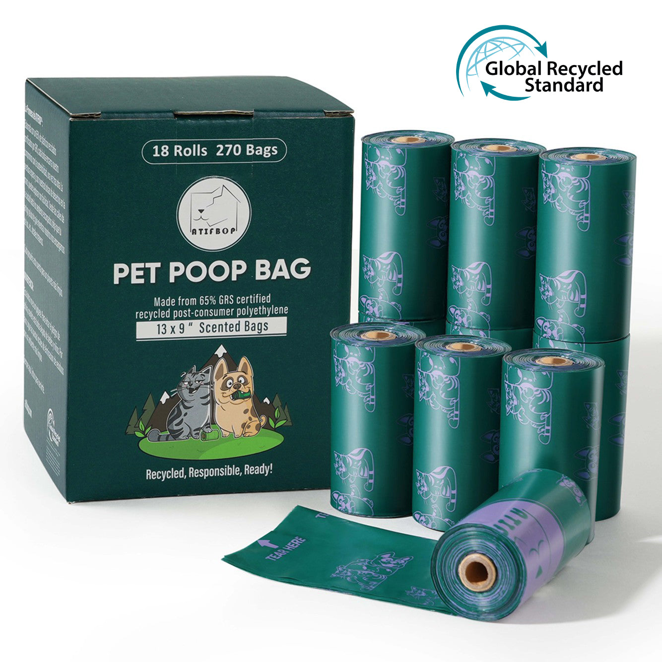 Atifbop Dog Poop Bags - GRS Certified, 65% Recycled, Extra Thick & Leak-Proof, Scented
