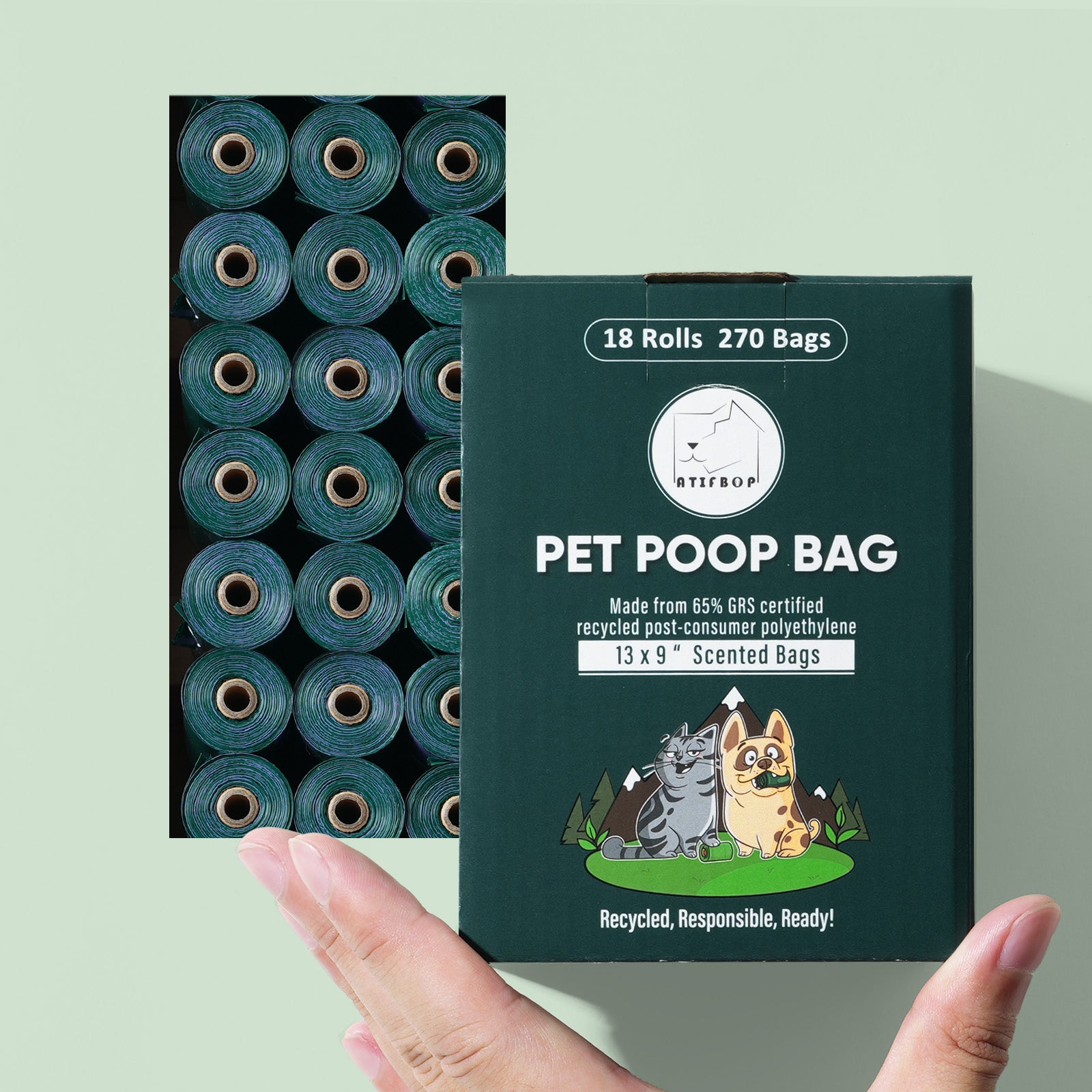 Atifbop Dog Poop Bags - GRS Certified, 65% Recycled, Extra Thick & Leak-Proof, Scented
