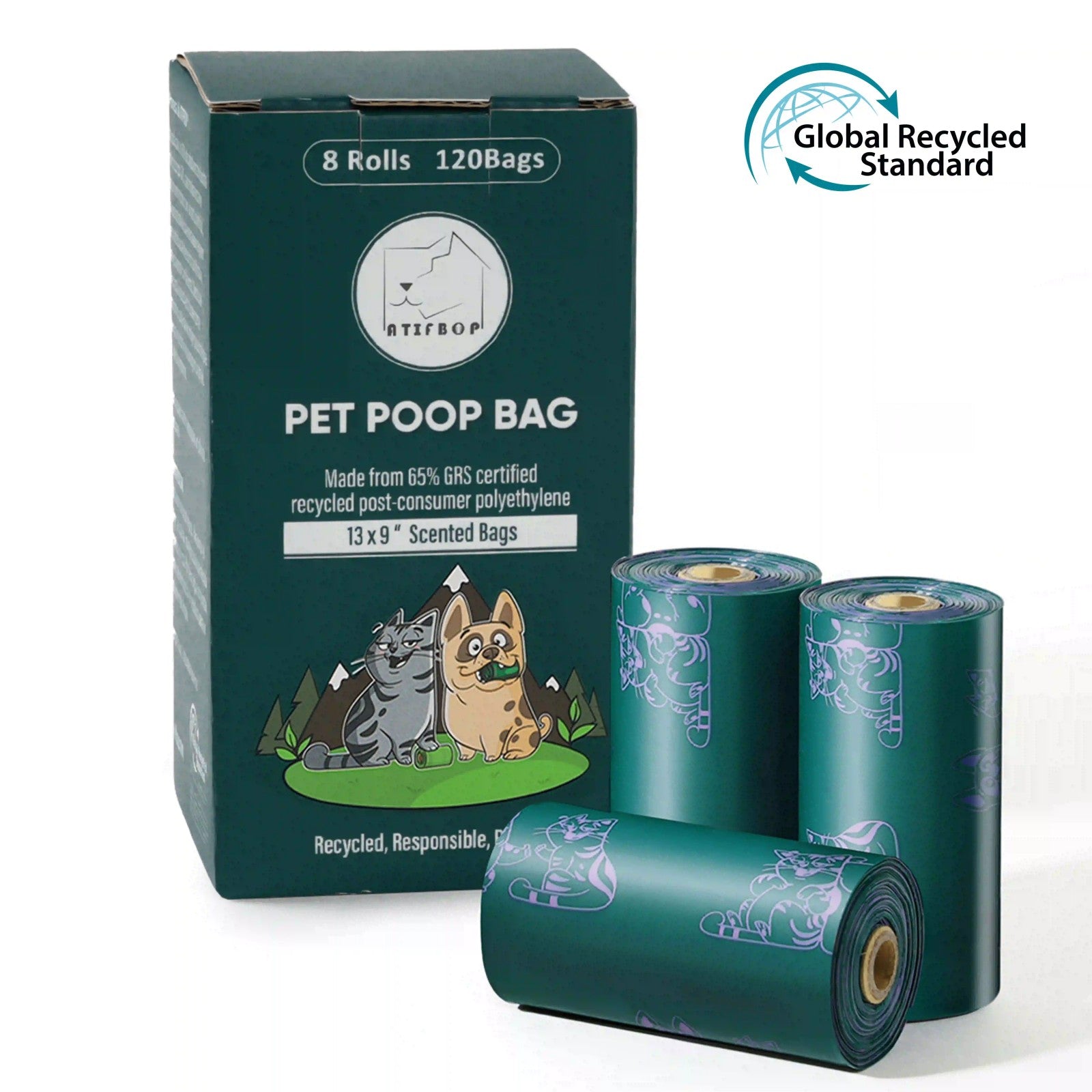 Atifbop Dog Poop Bags - GRS Certified, 65% Recycled, Extra Thick & Leak-Proof, Scented