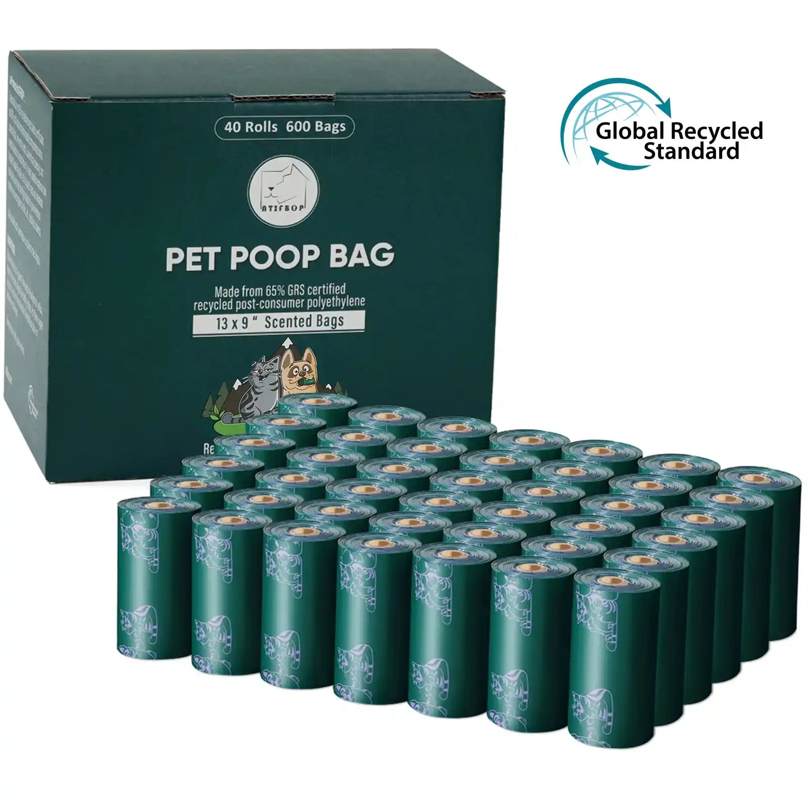Atifbop Dog Poop Bags - GRS Certified, 65% Recycled, Extra Thick & Leak-Proof, Scented