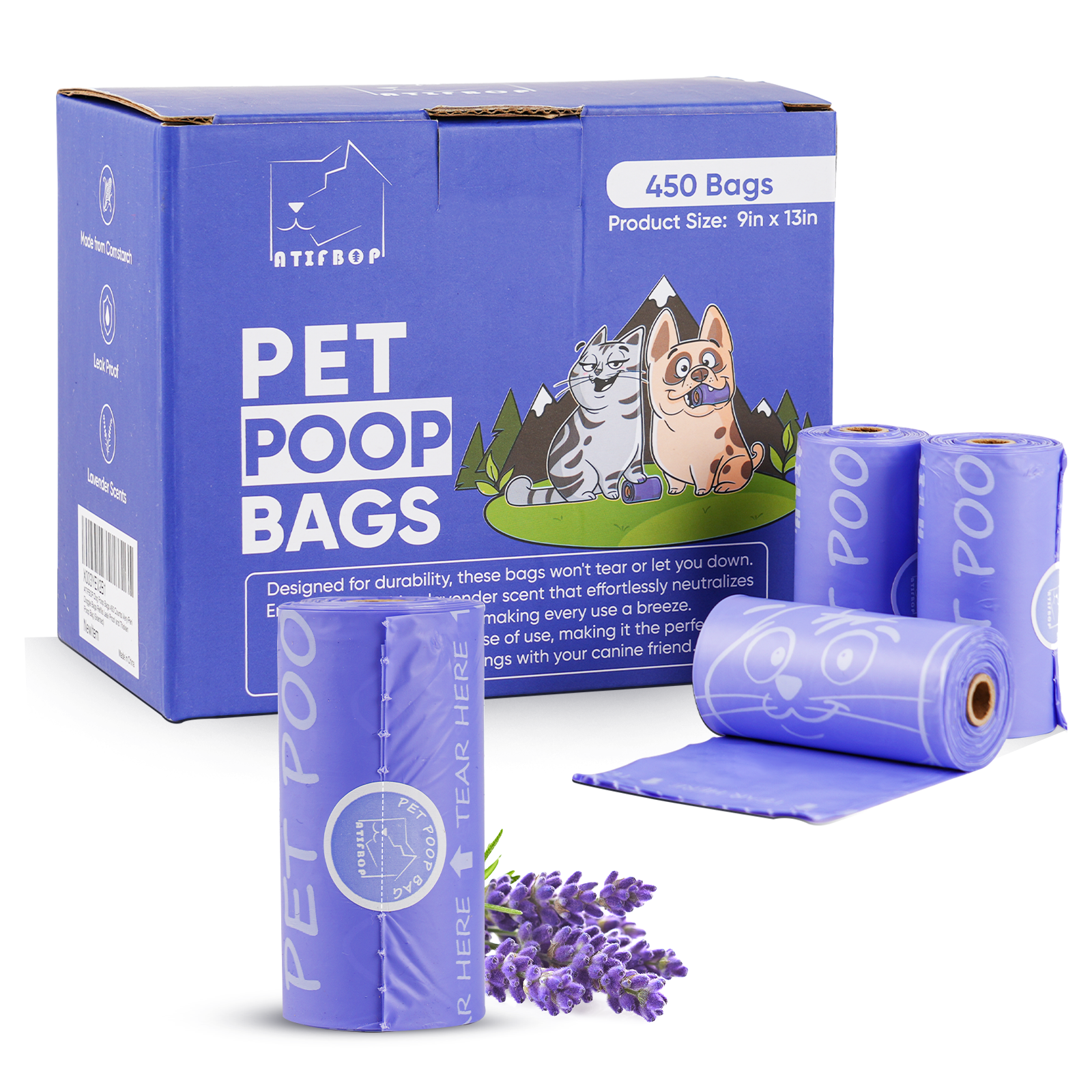 ATIFBOP Pet Poop Bags Lavender Scented, Made from cornstarch