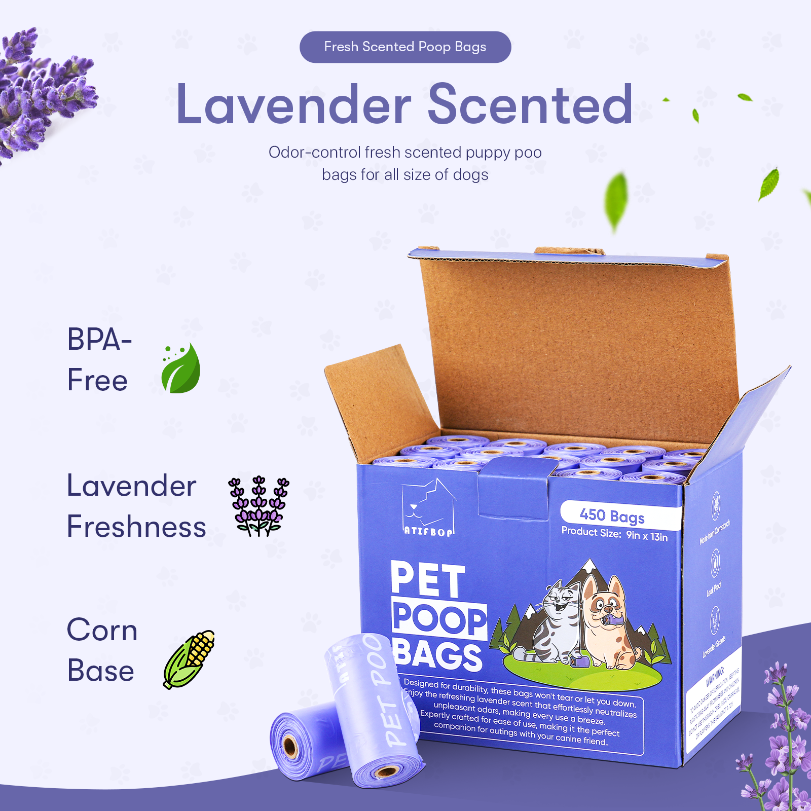 ATIFBOP Pet Poop Bags Lavender Scented, Made from cornstarch